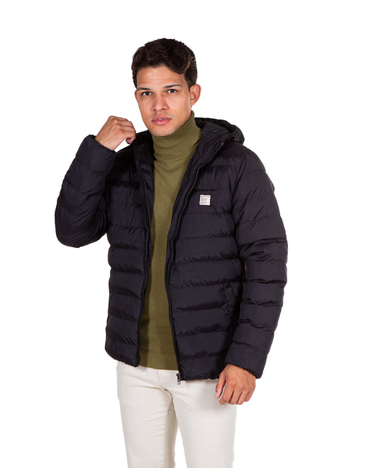 Black hooded down jacket