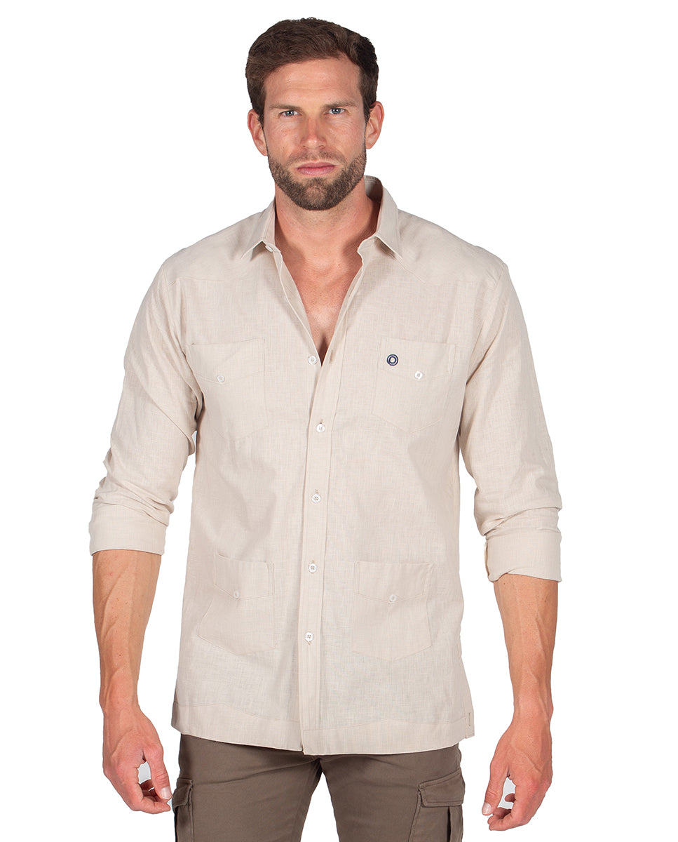 Beige Linen Effect Guayabera