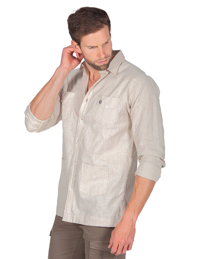 Beige Linen Effect Guayabera