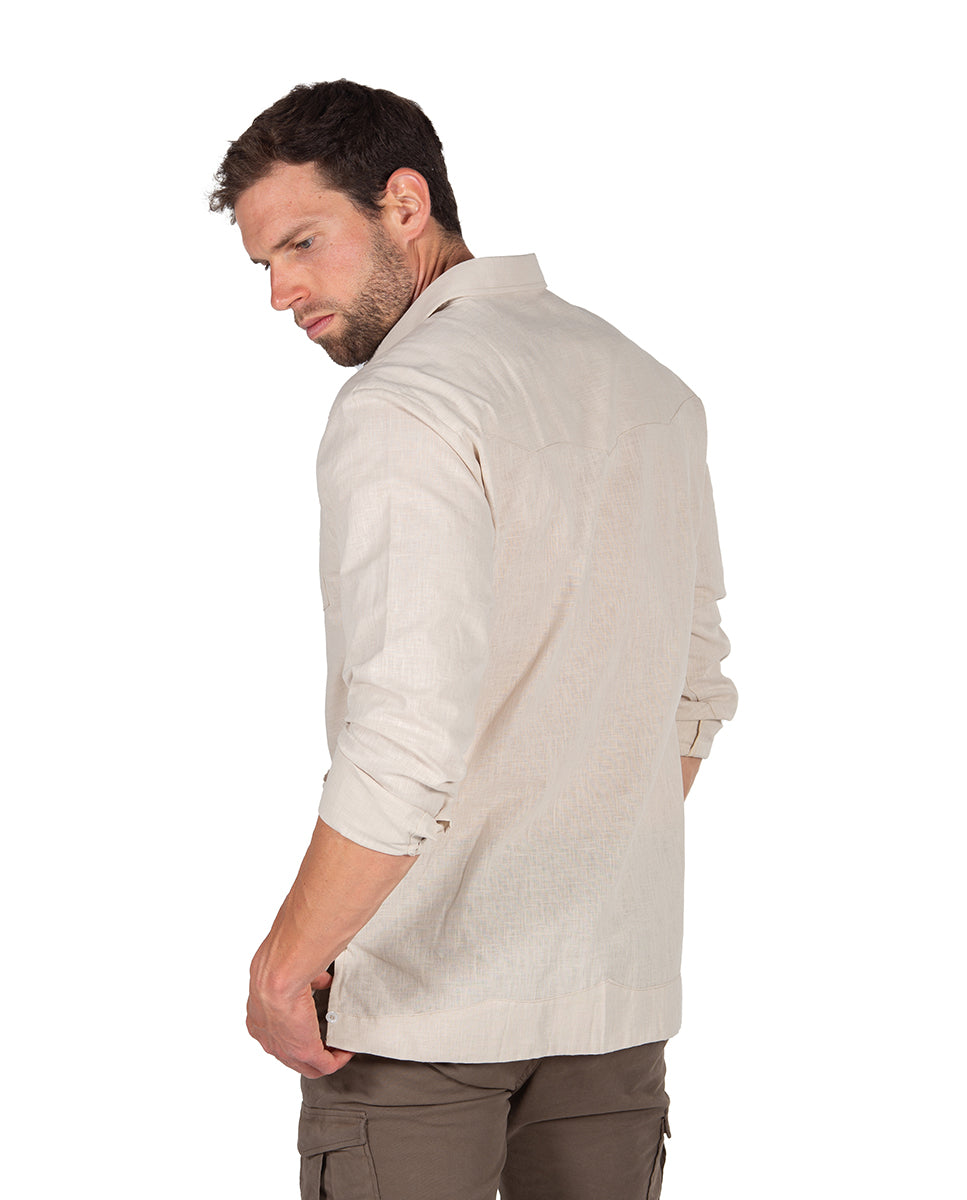 Beige Linen Effect Guayabera